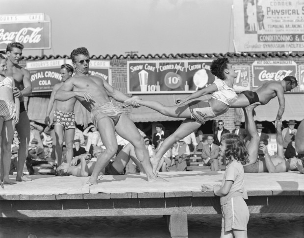 Bob Mizer, Untitled (Muscle Beach acrobats #WF21-A), Santa Monica Beach, California, c. 1946