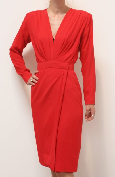Yves Saint Laurent, Yves Saint Laurent Red Long Sleeve Wrap Dress, c. 1970