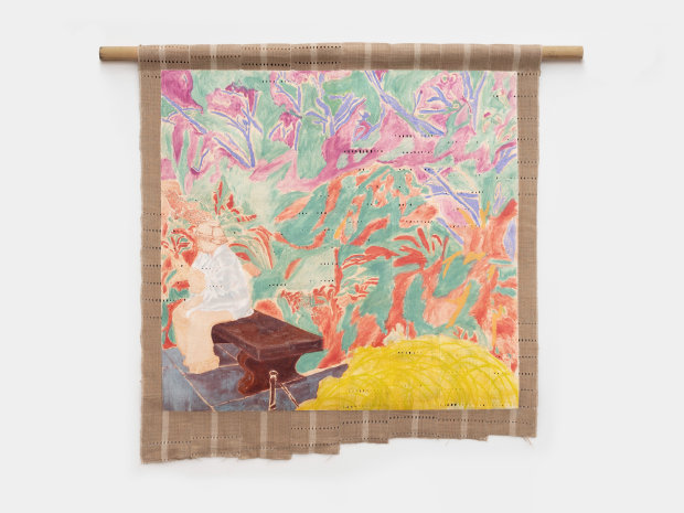 Nengi Omuku Nneoma in Brooklyn, 2024 oil on sanyan 48 7/8 x 46 7/8 inches, overall 124 x 119 cm...