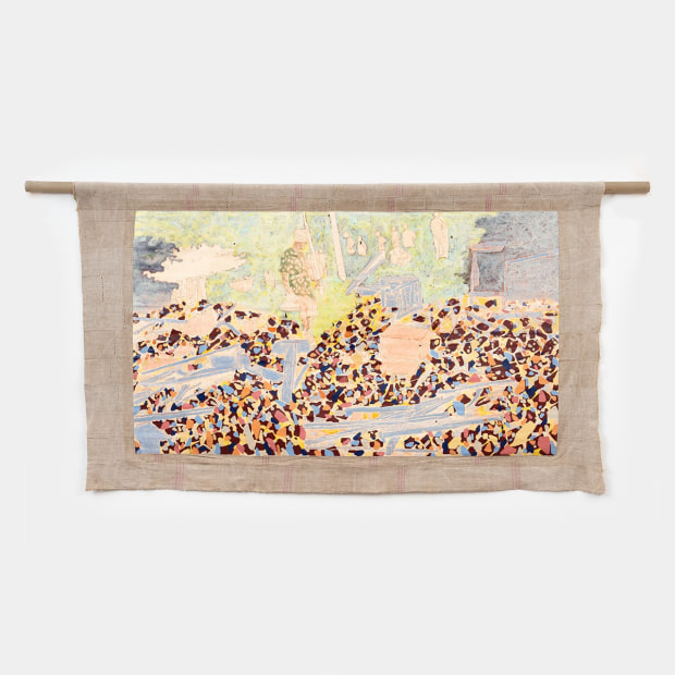 Nengi Omuku How It Ends, 2024 oil on sanyan 50 3/8 x 87 3/4 inches, overall 128 x 223 cm...