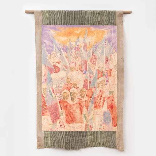 Nengi Omuku NLC, 2024 oil on sanyan 70 7/8 x 46 1/2 inches, overall 180 x 118 cm 55 1/8...