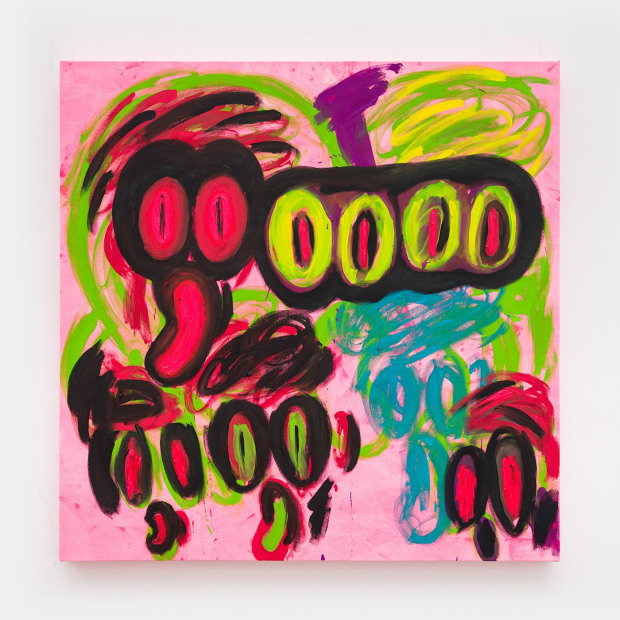 Judith Bernstein Death Heads (Four Eyes on Hot Pink Ground), 2024 oil on canvas 46 x 46 inches 116.8 x...