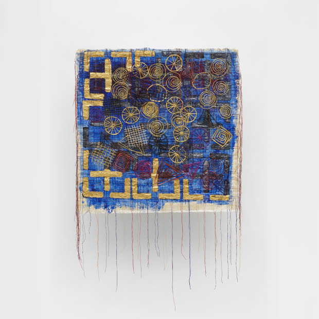 Olga de Amaral Nébula 14, 2016 Japanese paper, linen, gesso, acrylic, and gold leaf 51 x 32 1/4 inches 129.5...