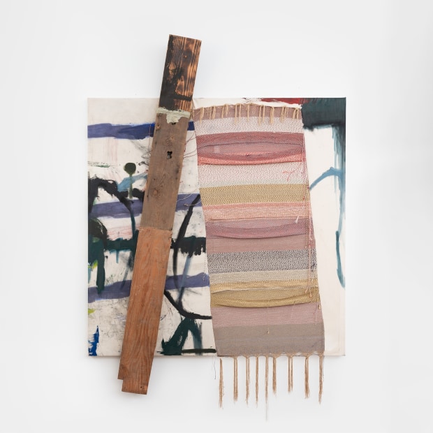 Vamba Bility Untitled (tempo 18), 2022-2024 woven cotton, polyester, acrylic yarn, oil, graphite, wood, epoxy clay, cement and sewn canvas...