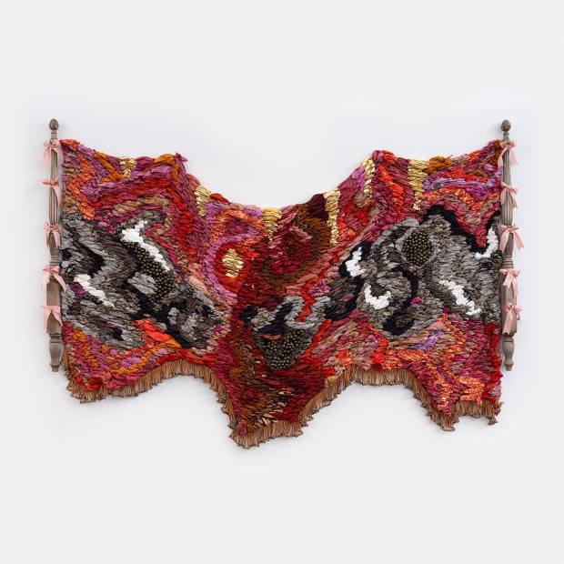 Suchitra Mattai quicksand, 2023 vintage saris, fabric, ghungroo bells, vintage bed posts and trim 96 x 102 inches 243.8 x...