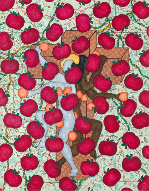 William N. Copley Untitled (Apples & Oranges), 1986 acrylic and lace on canvas 77 x 60 inches 195.6 x 152.4...