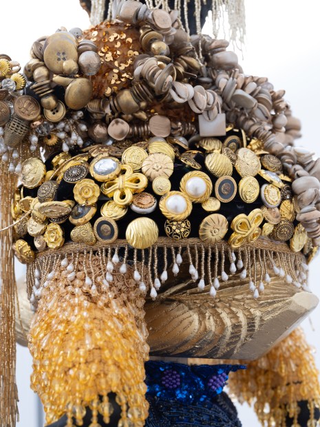 In Blue Mother, german assembles a variety of materials on top of the figure’s head, including a duck decoy, keys...