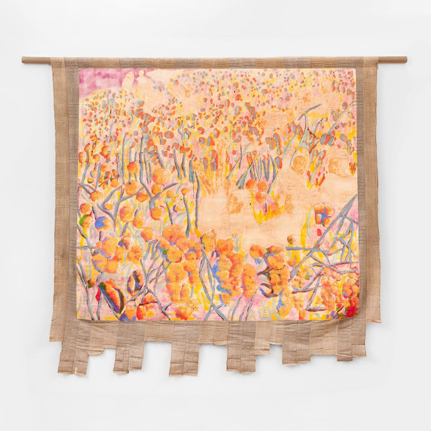 Nengi Omuku Orange Bougainvillea, 2024 oil on sanyan 86 5/8 x 87 3/8 inches, overall 220 x 222 cm 66...