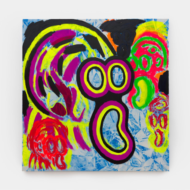 Judith Bernstein Death Heads/ Hollow Head (on Blue), 2024 acrylic on canvas 82 x 79 inches 208.3 x 200.7 cm