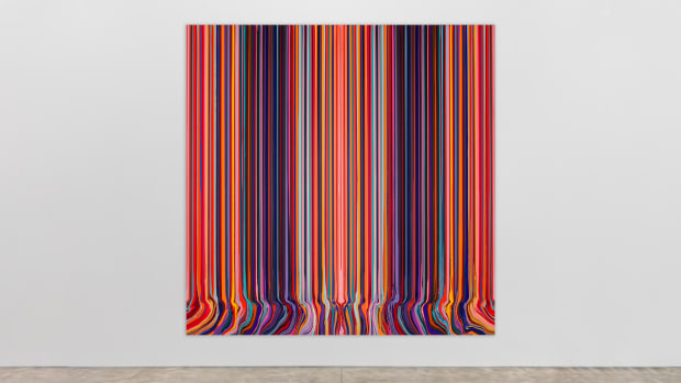 Ian Davenport Mirrored Sequence (Red and Black), 2020 acrylic on aluminium mounted onto aluminium panel 97 5/8 x 96 7/8...