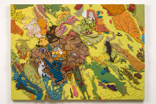 Roxy Paine Topographic, 2021 wood, epoxy resin, urethane, stainless steel, lacquer, oil paint 60 1/2 x 84 x 8 inches...