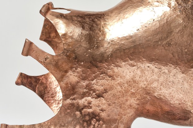 James Metcalf Variations on the Thick Edge, 2001 hammered copper and stained glass 22 1/4 x 21 5/8 x 12...