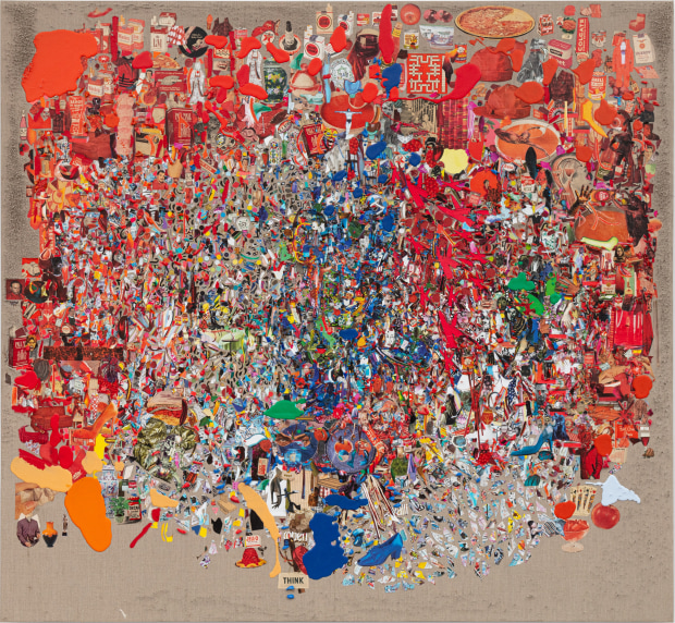 Elliott Hundley Bishop, 2021 oil stick, encaustic, paper, plastic, pins, photographs, fabric, foam and linen on panel 76 1/2 x...