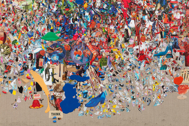 Elliott Hundley Bishop, 2021 oil stick, encaustic, paper, plastic, pins, photographs, fabric, foam and linen on panel 76 1/2 x...