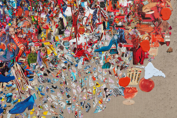 Elliott Hundley Bishop, 2021 oil stick, encaustic, paper, plastic, pins, photographs, fabric, foam and linen on panel 76 1/2 x...