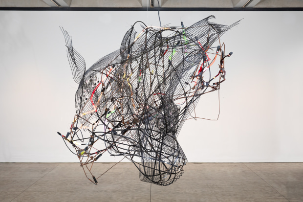 Elliott Hundley Chandelier, 2021 neon, metal, wood, plastic, pins, glass 70 x 82 x 70 inches 177.8 x 208.3 x...