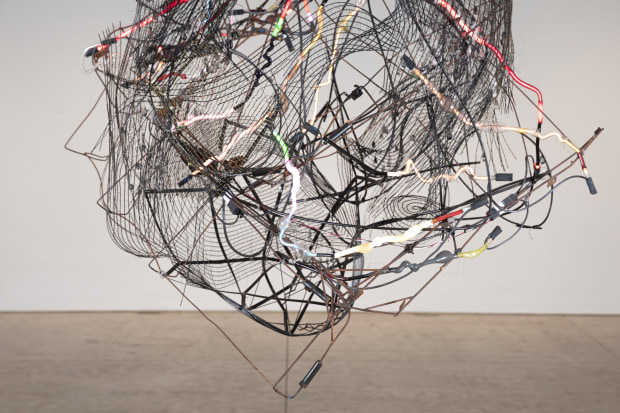 Elliott Hundley Chandelier, 2021 neon, metal, wood, plastic, pins, glass 70 x 82 x 70 inches 177.8 x 208.3 x...