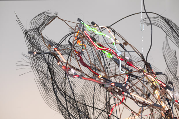 Elliott Hundley Chandelier, 2021 neon, metal, wood, plastic, pins, glass 70 x 82 x 70 inches 177.8 x 208.3 x...