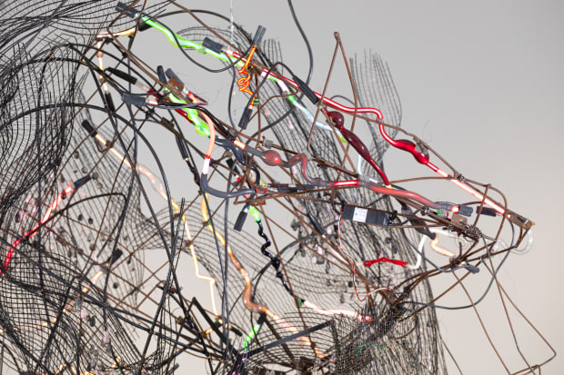 Elliott Hundley Chandelier, 2021 neon, metal, wood, plastic, pins, glass 70 x 82 x 70 inches 177.8 x 208.3 x...