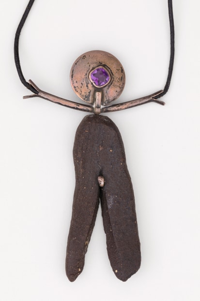 JB Blunk Little Mans, 1954 clay, fine silver, amethyst, leather 4 x 2 3/4 x 15 inches 10.2 x 7...