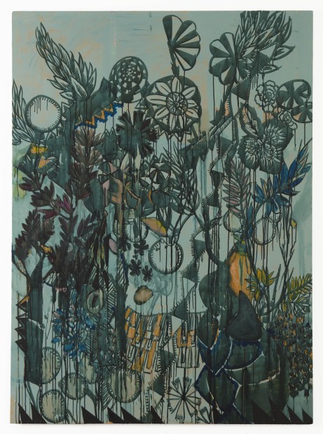 Carole Vanderlinden, Paysage Tropical, 2014, oil, ink and painting lime on canvas, 215 x 140 cm.