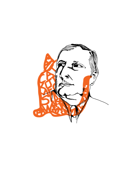 Portrait of Giorgio de Chirico with orange cat calligramme poem.