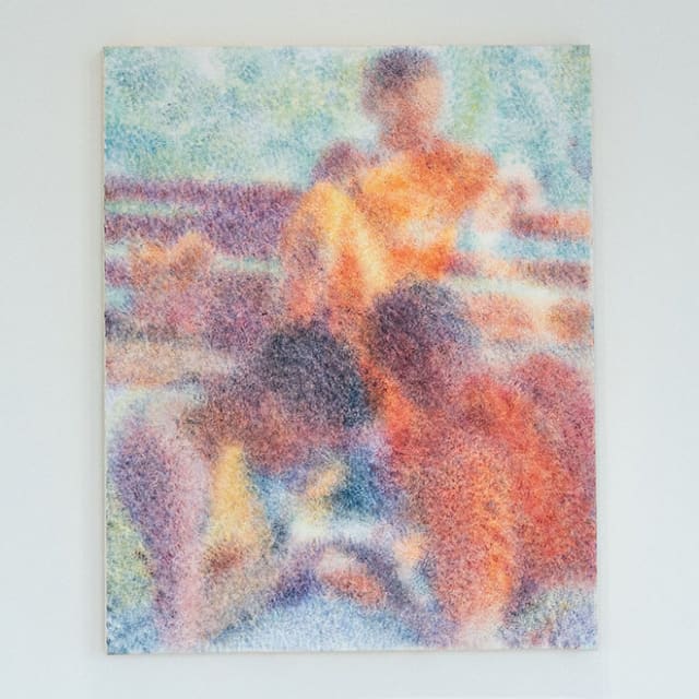 "Monks" oil on wooden panel painting by artist Ron Chen