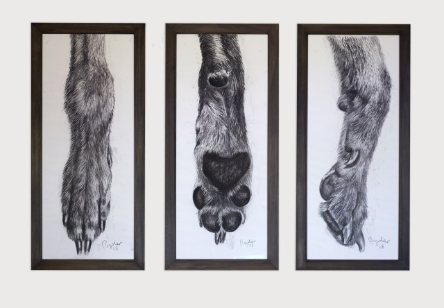 Sophie Ryder Dog Feet Triptych, 2017/2018 Charcoal on paper Framed and glazed Individually: 161 x 72cm SOLD AS A COLLECTION