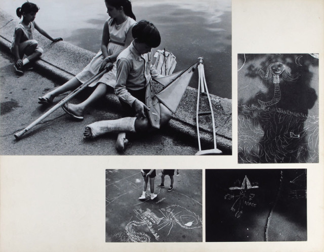 Dave Heath, Untitled [children by fountain with toy boat, sidewalk chalk], September 1962