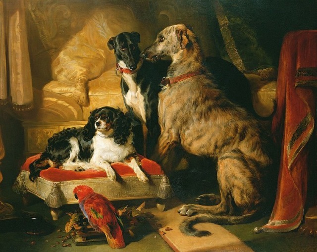 Edwin Landseer (1802-73), Hector, Nero, and Dash with the parrot, Lory, 1838, oil on canvas, 120,3 x 150,3 cm, Royal Collection His Majesty King Charles III