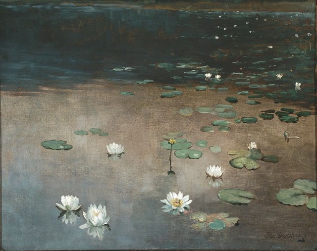 Christian Skredsvig (1854-1924), Vannliljer, ca. 1890, oil on canvas, 52 x 65 cm, Private collection