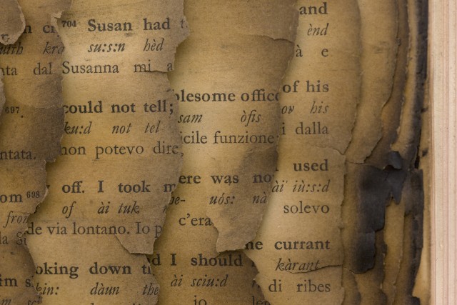 Detail- Bernard Aubertin, 1974, Livre brulé, 73x80cm, burnt book