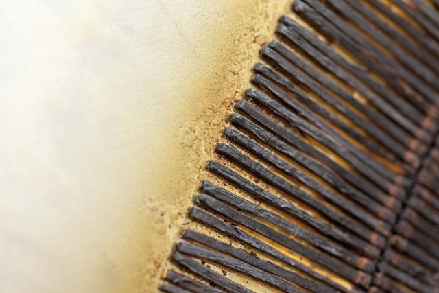 Detail- Bernard Aubertin, 1973, Dessin de Feu circulaire,90x90cm, burnT matches on aluminum