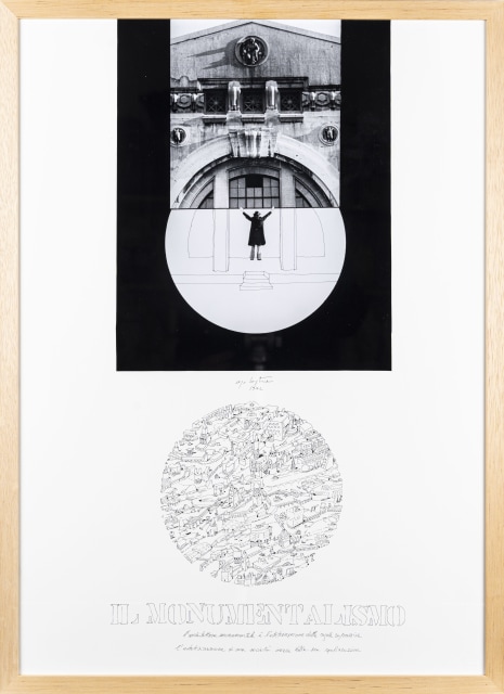 Ugo La Pietra, Il monumentalismo, 1972, 70x50cm, collage ink and graphite