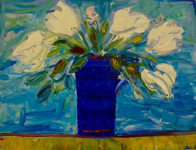 Blue/mauve Vase Oil on board (framed) 16 x 12 inches