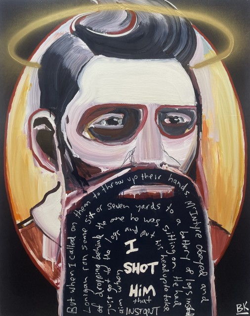‘I Shot Him’ 2021 154 x 122cm Acrylic, oil pastel and spray paint on plywood.