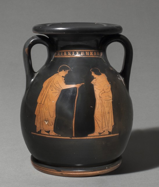 Greek red-figure pelike with three draped youths