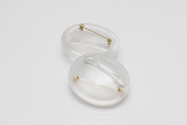 Lin Cheung, Two Brooches Inside A Jewellery Box, 2016. Carved quartz, rock crystal, gold. A set of two brooches, each brooch: 54mm x 44mm x 20mm