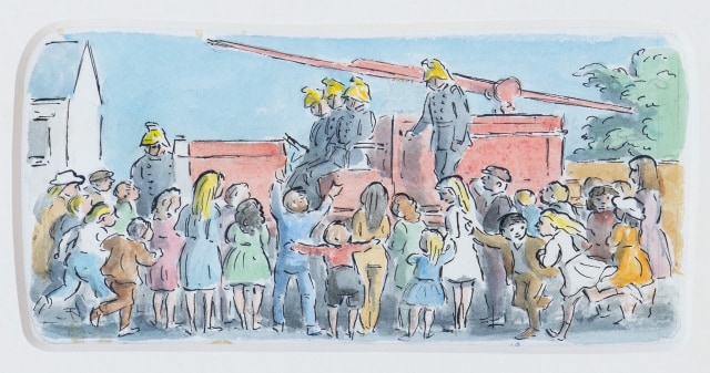 "Come and look at the lovely new fire engine", watercolour 9.5 x 20 cm
