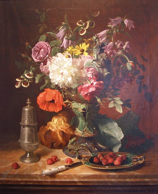David Emile De Noter, Still life with flowers and fruit