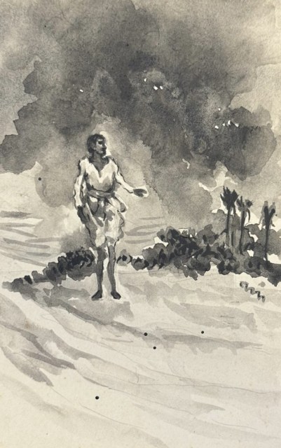 Nandalal Bose, Untitled, Ink on Card, 13.9 x 8.9 cm.