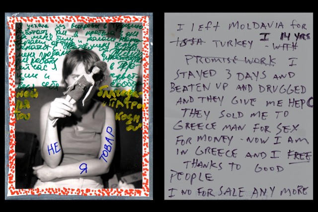 Jim Goldberg b. 1953 Translation, Greece [Moldavian Girl], c.2003 One hand-annotated colour polaroid With translation au verso of a second polaroid [14 yr. #7FA6] Polaroid Type 665 (Black & white) 4 1/4 x 3 3/8 in 10.8 x 8.57 cm Edition of 1