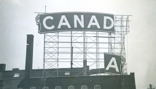 Photographer Unknown Erecting "Canada Bread" sign, Dundas W. and Bloor, Toronto, 1951 Titled and dated, in ink, au verso Printed in 1951 Gelatin silver print 3 1/2 x 6 1/4 in 8.89 x 15.88 cm
