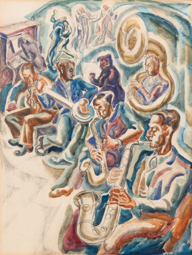 James Daugherty (1889-1974) Jazz Musicians, c. 1934–35 Signed and inscribed on verso: James Daugherty / Westport / Conn; stamped with the estate stamp on verso: James Daugherty / ESTATE OF / JAMES H. DAUGHERTY Watercolor and pencil on paper 29½ x 20 inches 74.9 x 50.8 cm