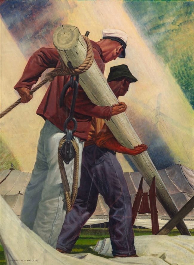 Herbert Jacob Gute (1907-1977) Raising the Tent Signed at lower left: HERBERT J GUTE Tempera on card 25½ x 18¾ inches 64.8 x 47.6 cm