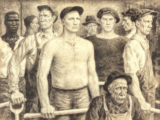 James Ormsbee Chapin (1887-1975) Nine Workmen, 1942 Signed and dated at upper left: JAMES CHAPIN - '42 Charcoal on paper 18 x 24 inches 45.7 x 61 cm
