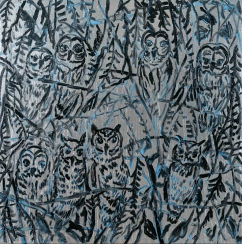 Hunt Slonem, Owls In Woods Deep Forest II, 2023