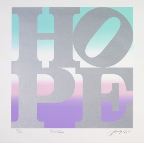 Robert Indiana, April (Silver over Aquamarine/Pink/White/Purple Blend), 2015