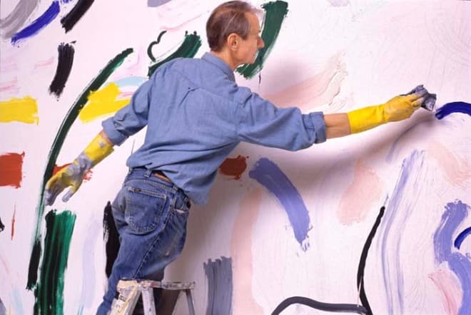 Bob Adelman, Roy LIchtenstein beginning to lay in color on 10 x 15-foot painting 