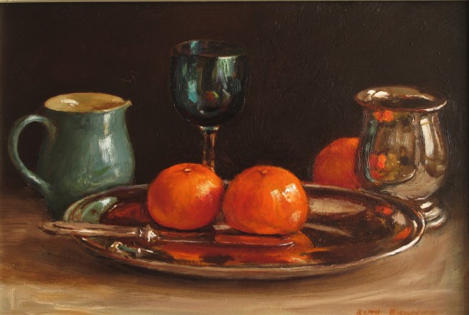 Ruth Bowyer, Tangerines on silver dish with Denby jug